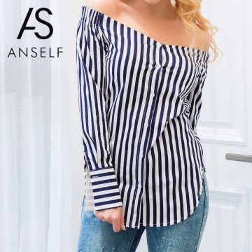 Fashionable Striped Print Off the Shoulder Blouse - 32718624549