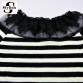 Elegant Black and White Striped Blouse with Lace Embroidery - 32448276390