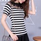 Elegant Black and White Striped Blouse with Lace Embroidery