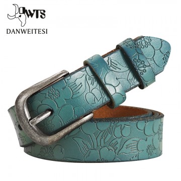 Thin Genuine Leather Floral Carved Belt