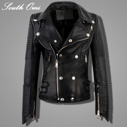 Genuine Leather Jacket Women Real Sheepskin Punk Rock