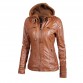 Hooded Faux Leather Jacket Hat Detachable 