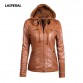 Hooded Faux Leather Jacket Hat Detachable - 32821055051