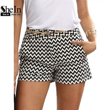 Chic Mid Waist Black And White Cotton Straight Shorts