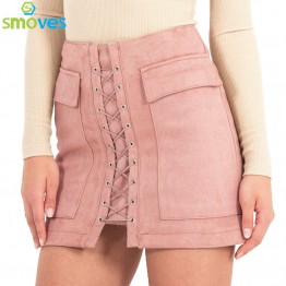 Stylish High Waist Suede Lace Up Skirt